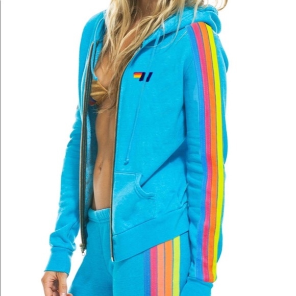 AVIATOR NATION CLASSIC 4 STRIPE ZIP HOODIE - NEON BLUE // NEON RAINBOW STRIPES - Picture 2 of 6
